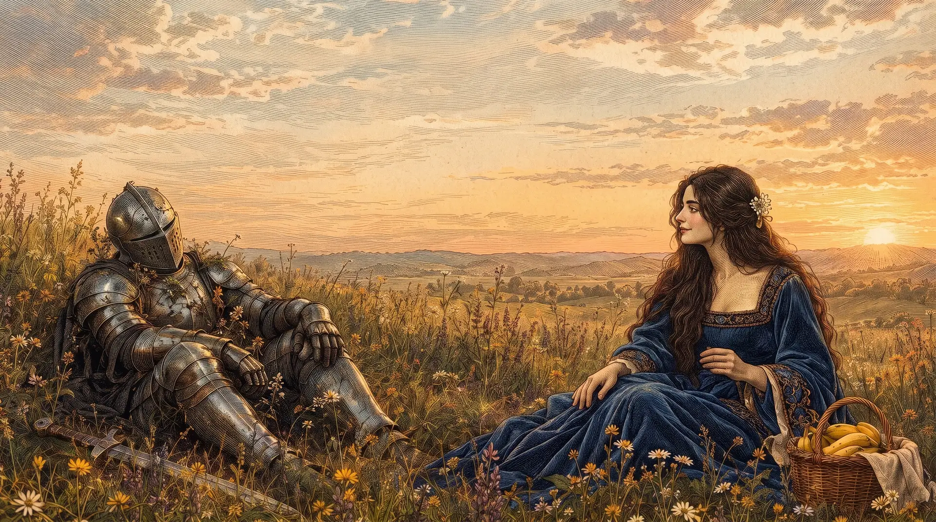 Pintura de um cavaleiro de armadura descansando na grama florida ao pôr do sol, ao lado de uma mulher de vestido azul descascando uma banana